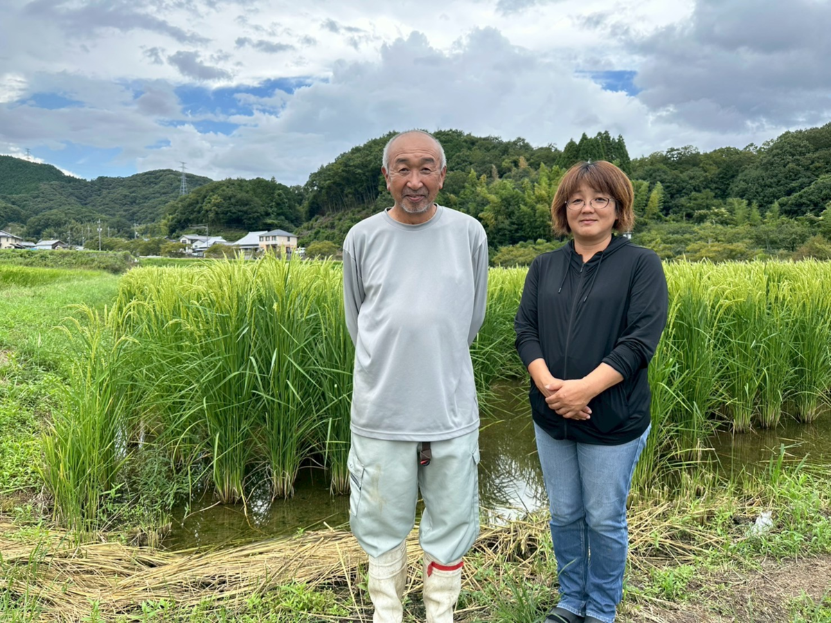 田んぼの前に立つ男女