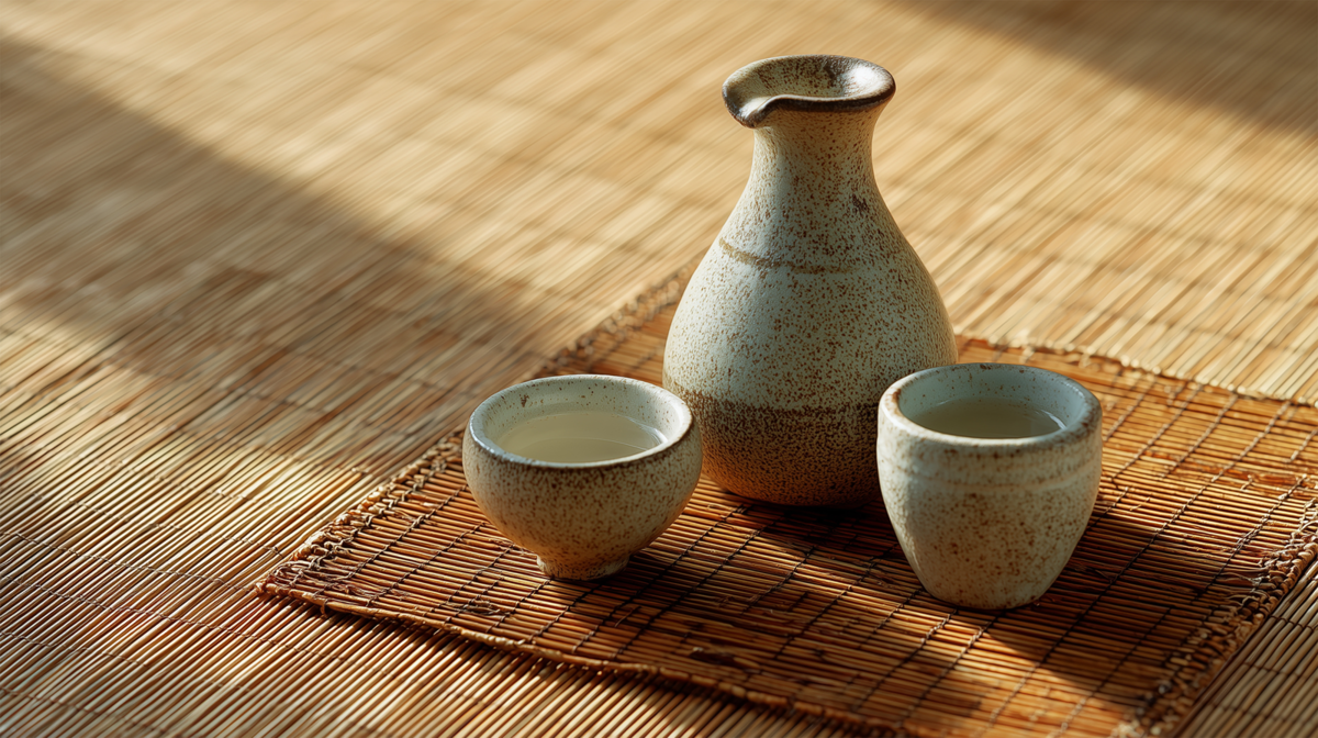 陶器製の徳利、おちょこに入った日本酒