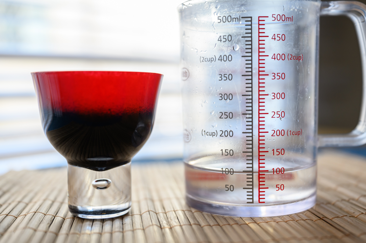 足つきのおちょこに入る日本酒の量を計量する様子