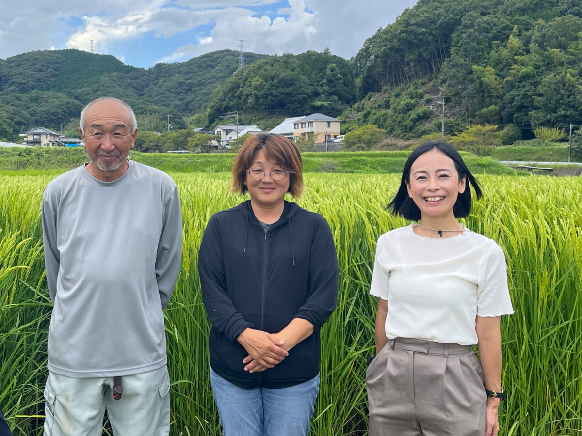 酒米の稲の前で並ぶ人たち