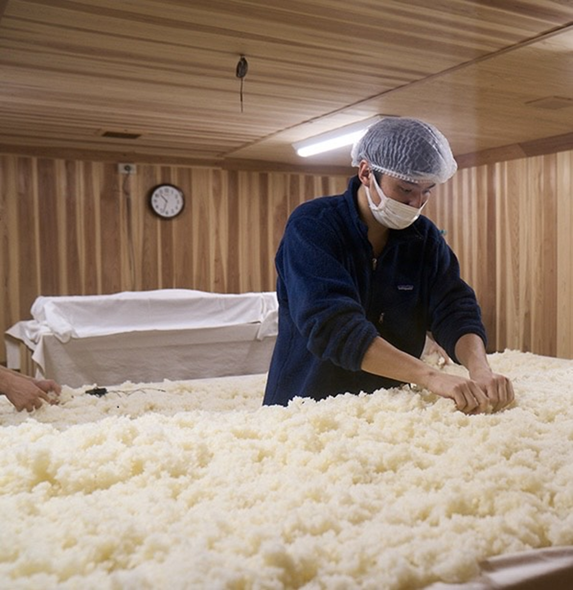 蒸米をほぐす男性