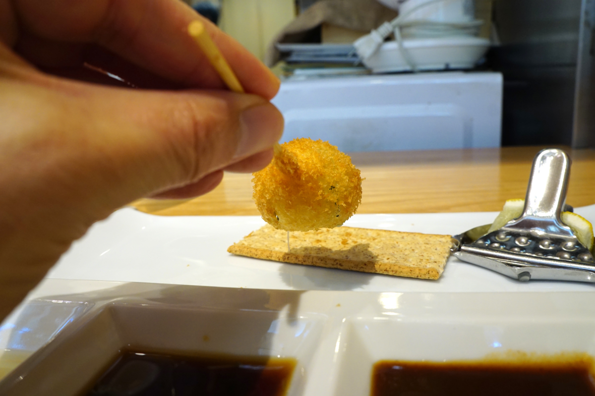串揚げ「京都万願寺唐辛子と知多牛のランプ」