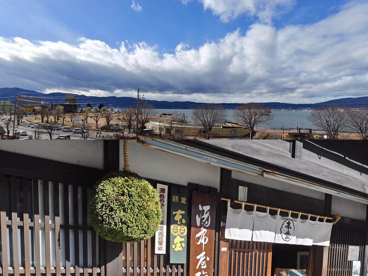 諏訪湖と青空、酒蔵の外観